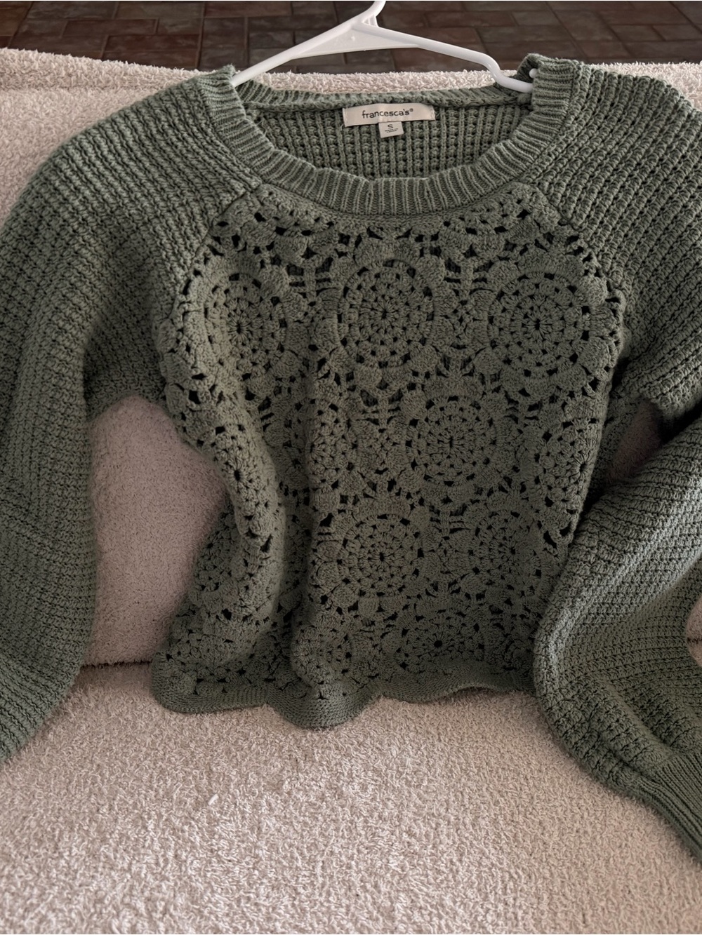Francesca's Collections sage green crochet-front crewneck sweater